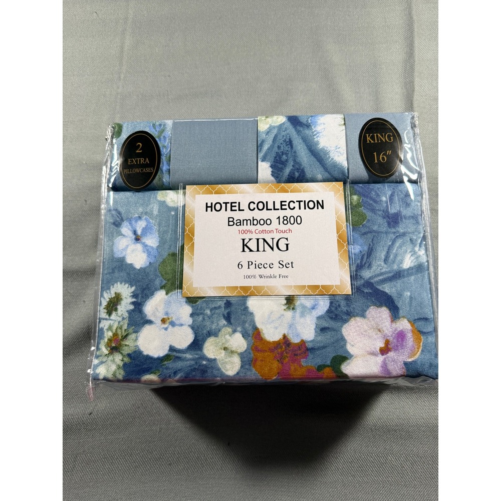 Hotel Collection Bamboo 1800 King Sheet Set 6pc Blue Floral 100% Cotton NEW